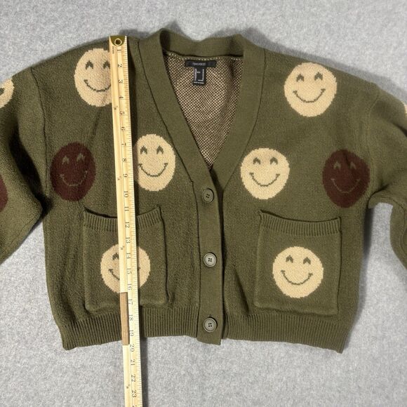 Forever 21 Women's Cozy Fit Cardigan Smiley Face Green Tan Jacquard Knit Size M - Picture 4 of 7